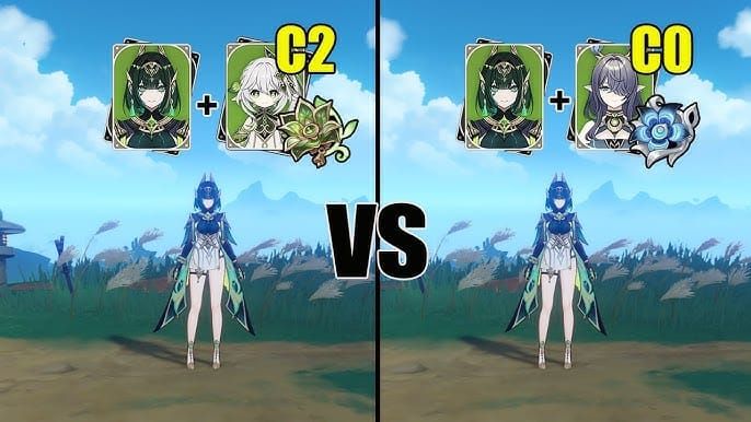 Comparison chart of Nefer Lunar-Bloom vs Nahida Hyperbloom builds in Genshin Impact