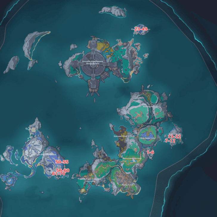 Genshin Impact map showing Frostlamp Flowers locations in Nod-Krai areas