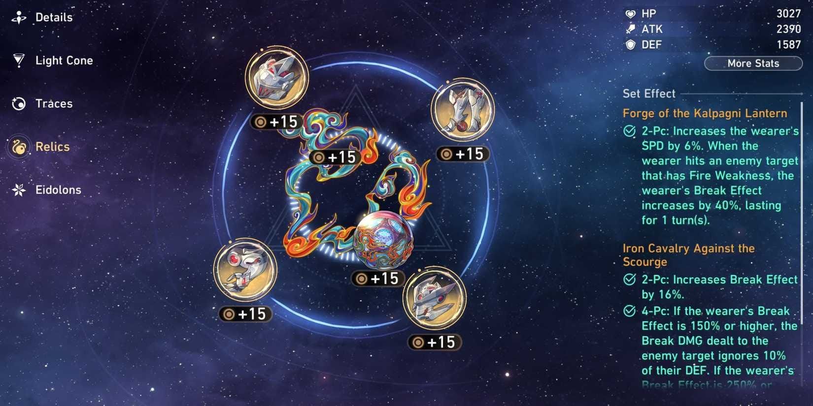 Firefly relic stats screenshot with 360% Break Effect and Iron Cavalry set