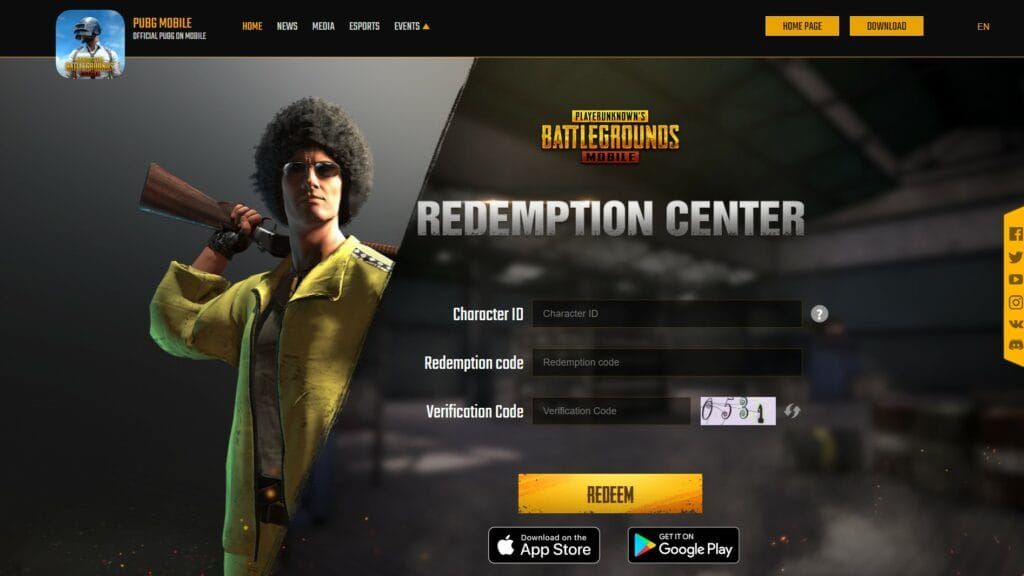 Official PUBG Mobile redeem code website interface