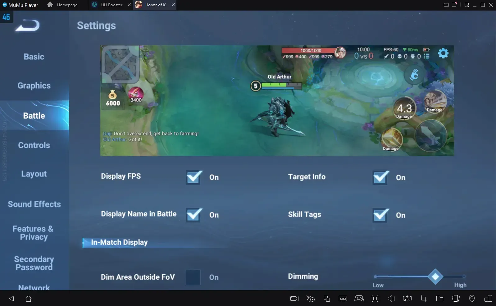 Pro player Honor of Kings settings screenshot