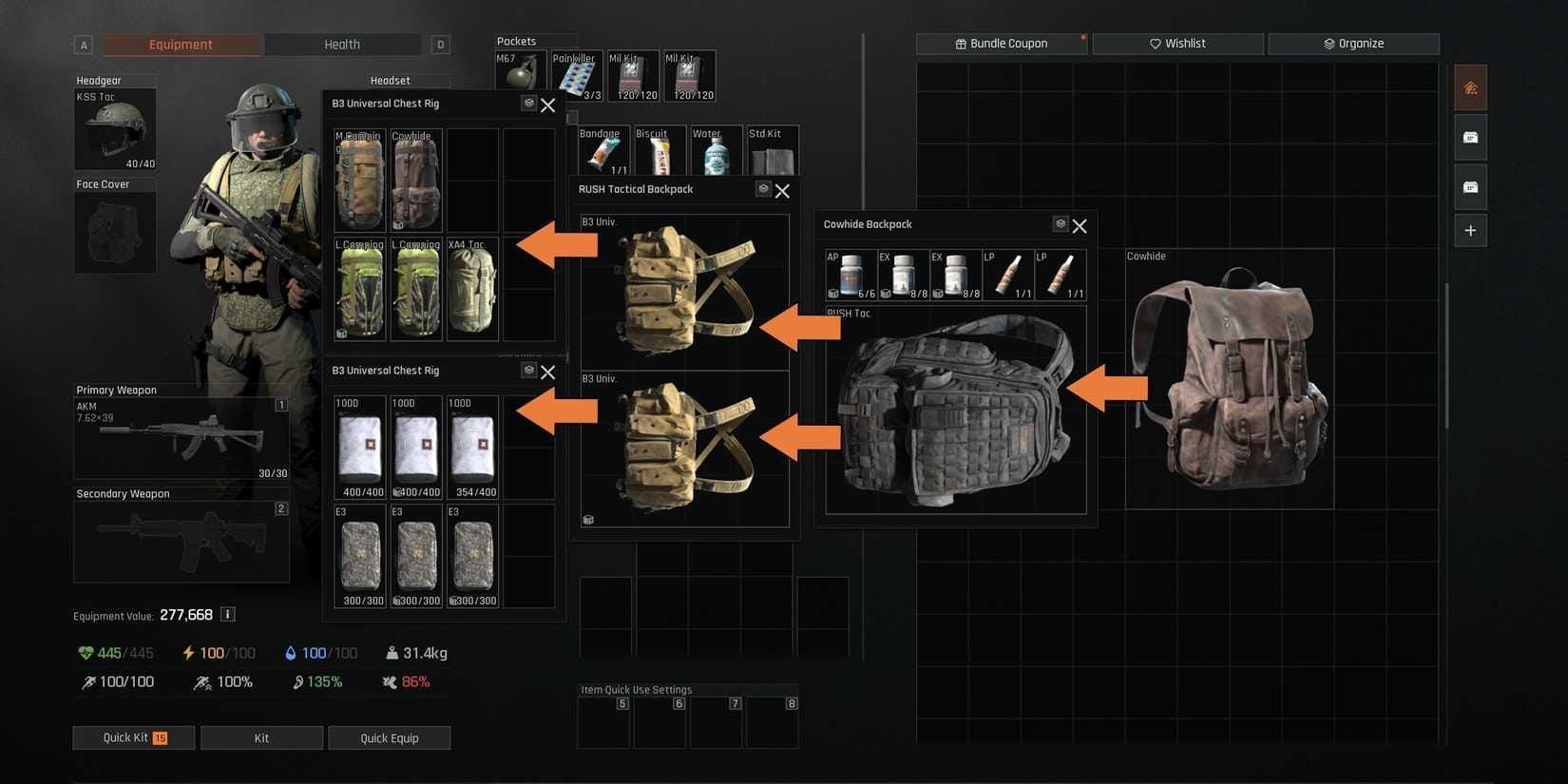 Arena Breakout player stash with weapons for liquidation