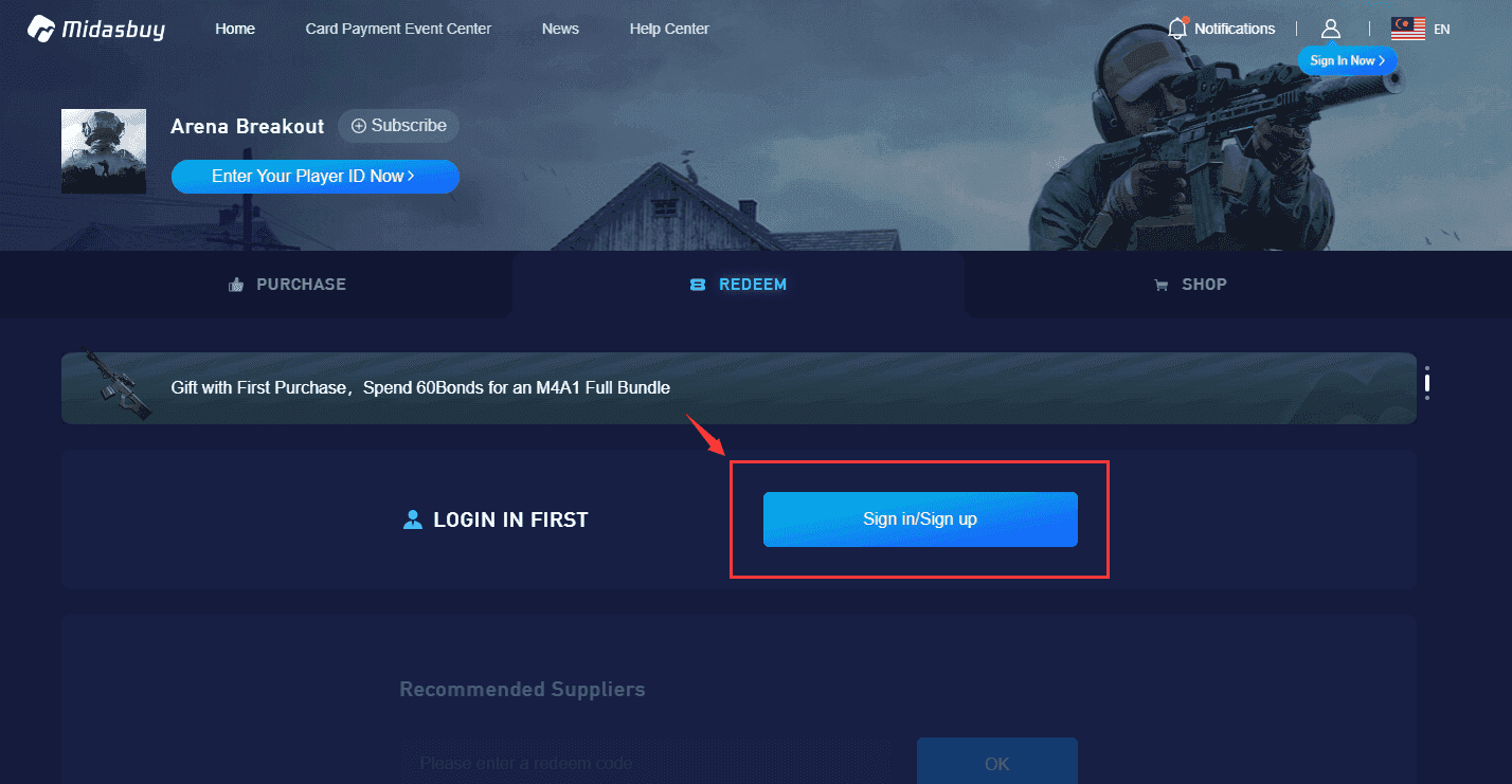 Arena Breakout Events Code Redemption screen showing input field and claim button
