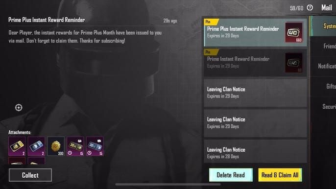 PUBG Mobile in-game mail with redeemed code rewards