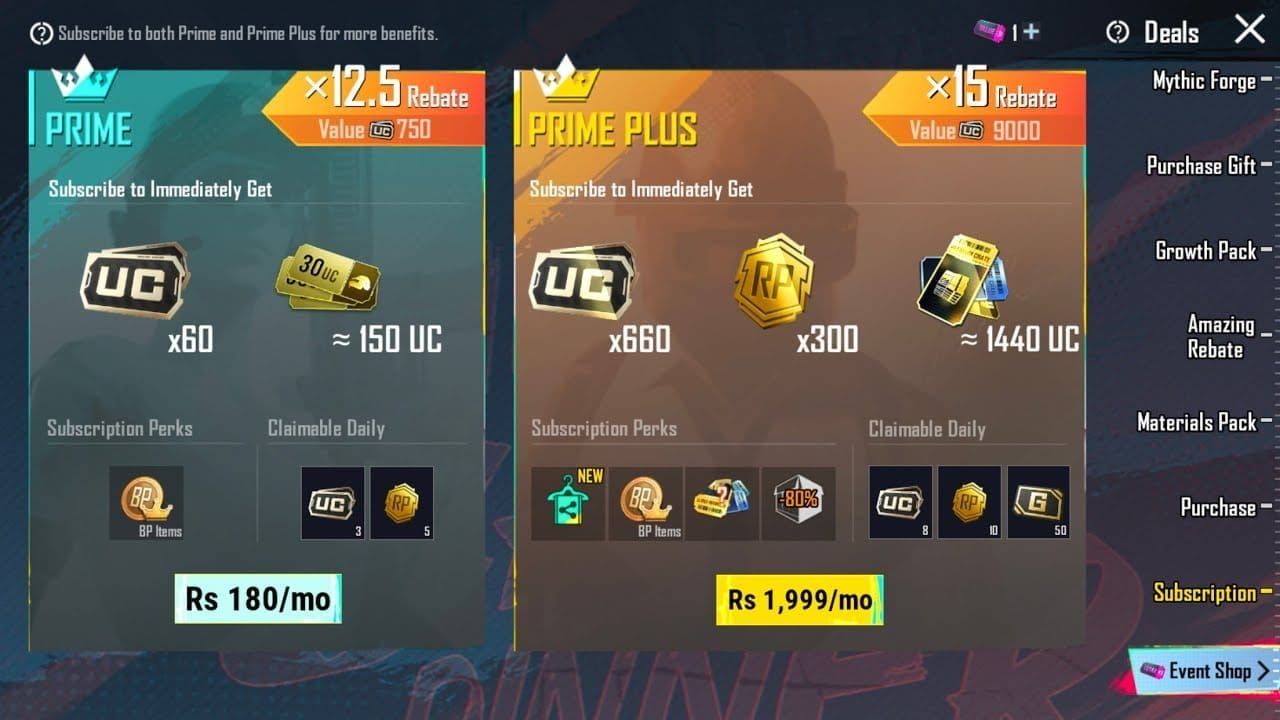 PUBG Mobile Prime vs Prime Plus pricing comparison interface