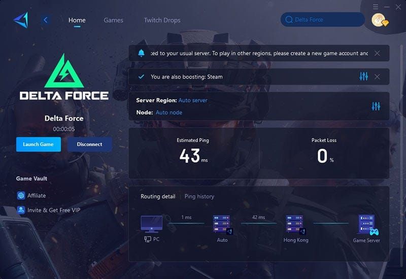 Before and after comparison of Delta Force gameplay with high vs optimized ping
