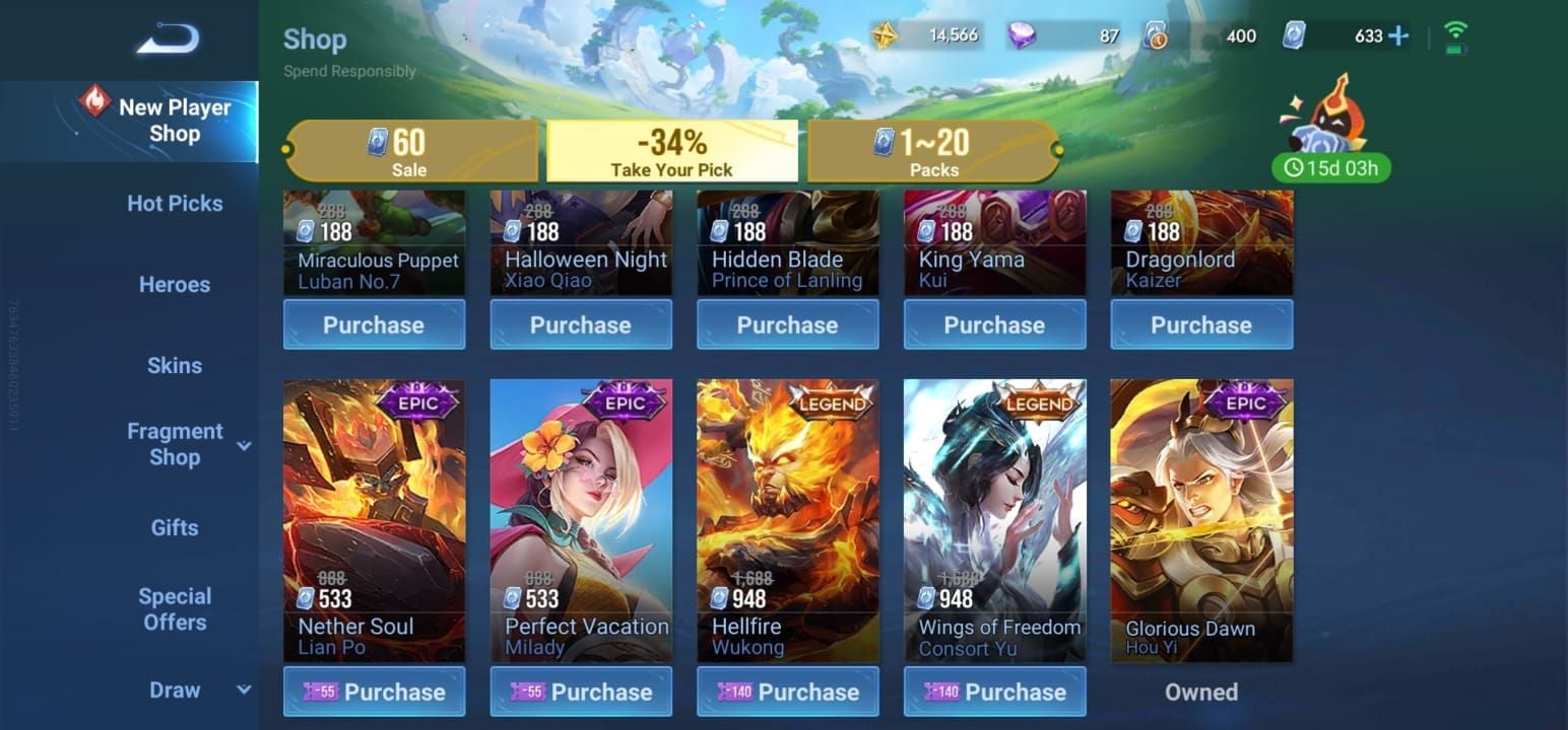 Honor of Kings direct skin purchase shop interface