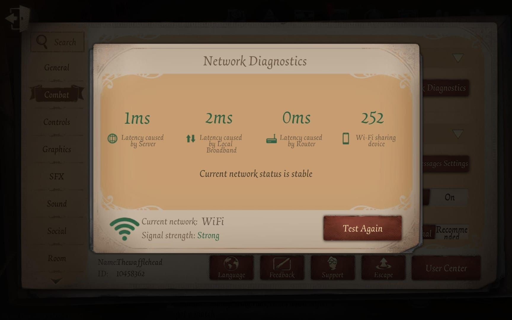 Identity V in-game high ping screenshot