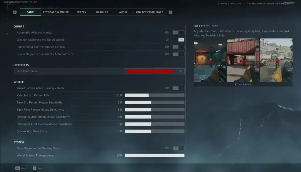 Delta Force 2025 FOV adjustment interface at 110