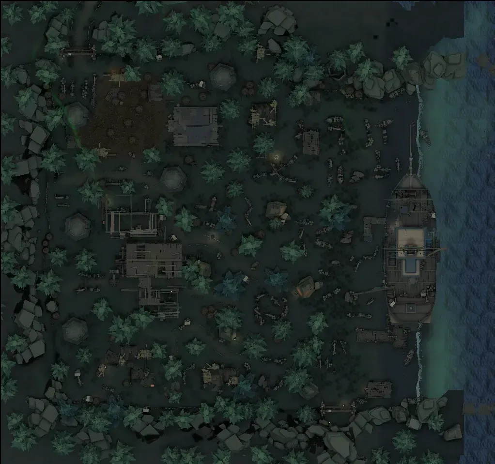 Identity V Lakeside Village map with Queen Bee swarm and chase route overlays