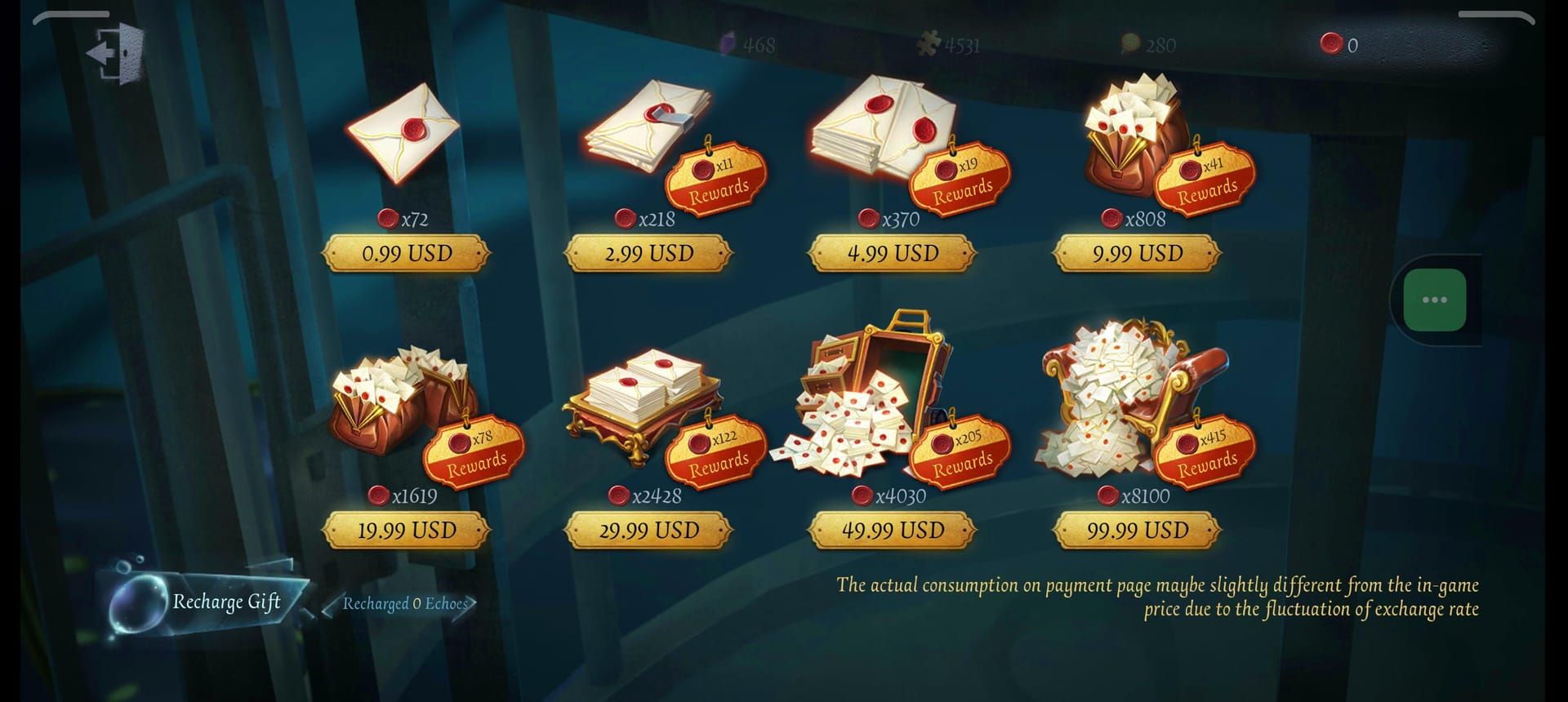 Identity V Treasures tab and Echo Shop screenshot