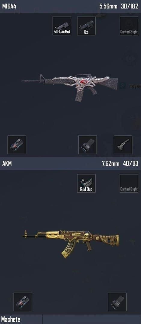 M416 and AKM weapons with attachments in PUBG Mobile