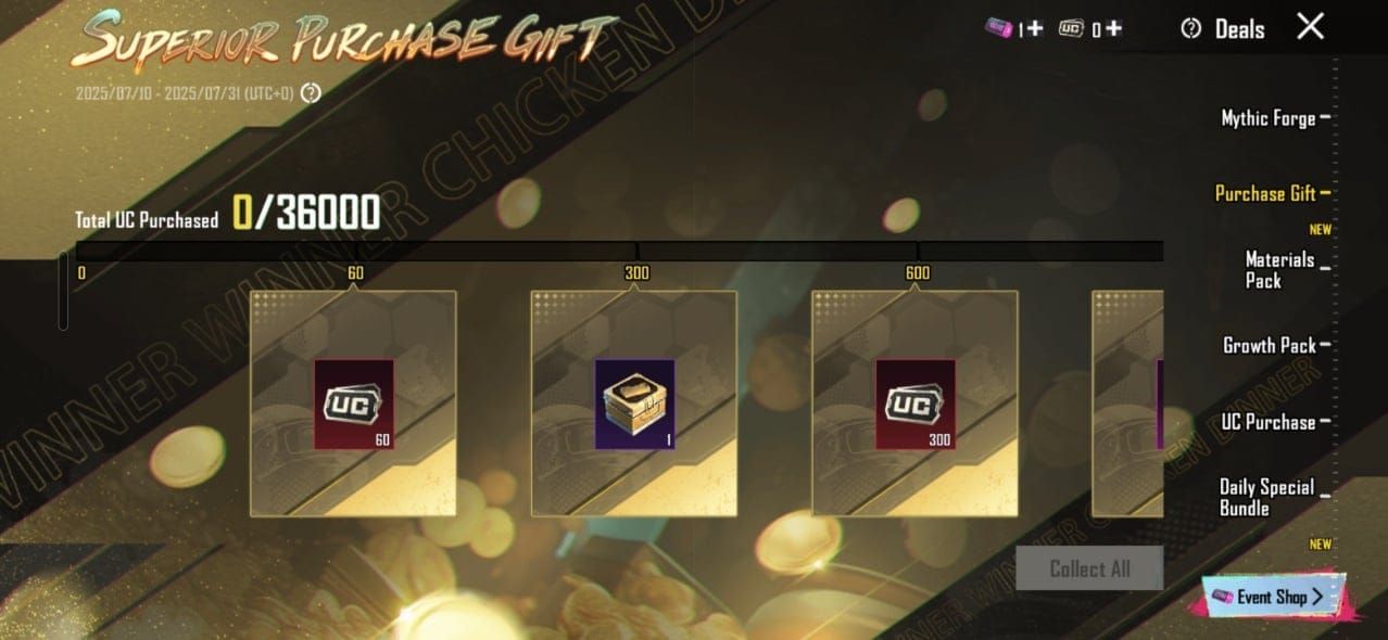 Интерфейс покупки UC пакетов в PUBG Mobile