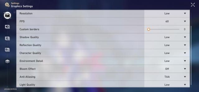 Honkai Star Rail graphics settings interface showing Shadows, Effects, and other tweakable options