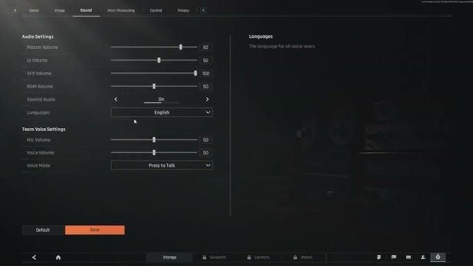 Arena Breakout PC audio settings interface with sliders for footsteps, gunfire, and ambient
