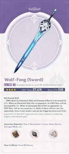 Genshin Impact Wolf-Fang weapon from Battle Pass