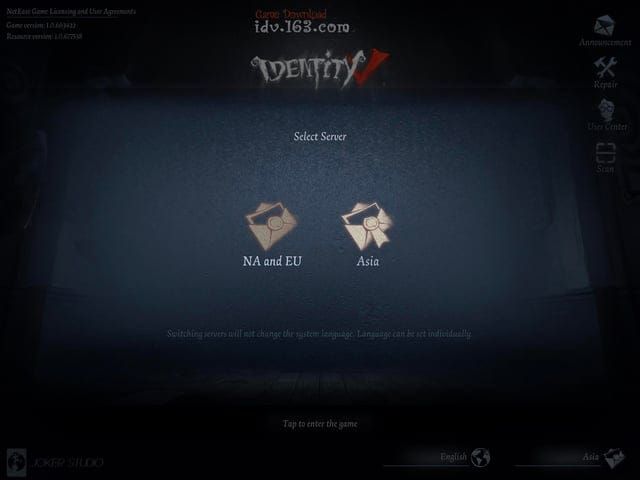 Identity V server region selection interface
