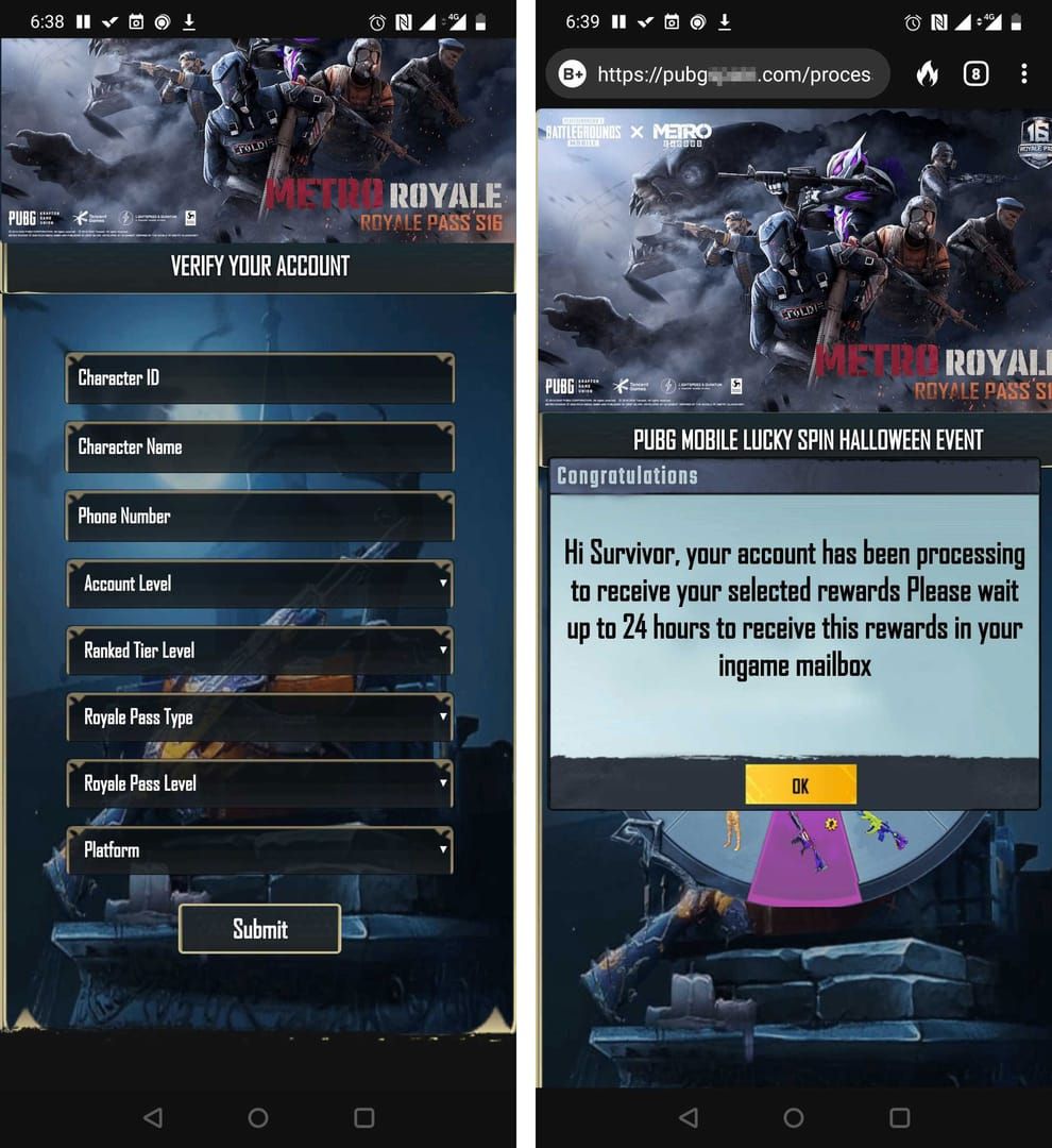 مثال على صفحة شحن UC احتيالية في PUBG Mobile مع عجلة حظ مزيفة