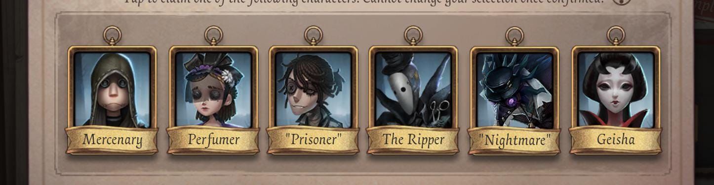 Identity V starting roster characters including Doctor, Gardener, Lawyer, Thief, Factory Head, Smiley Face, Deer Head