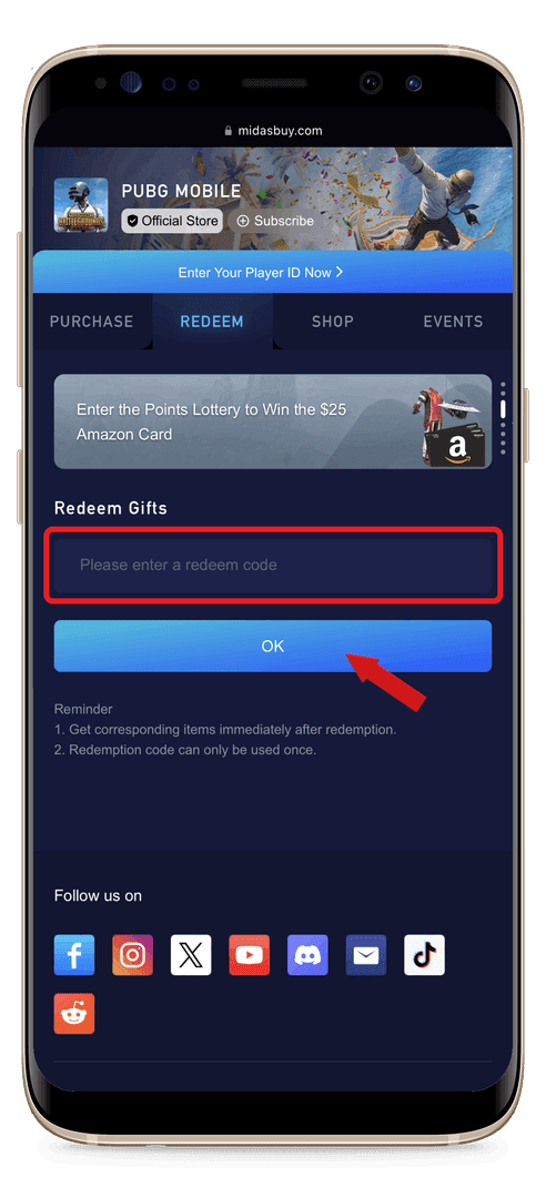 Интерфейс погашения подарочной карты App Store в PUBG Mobile