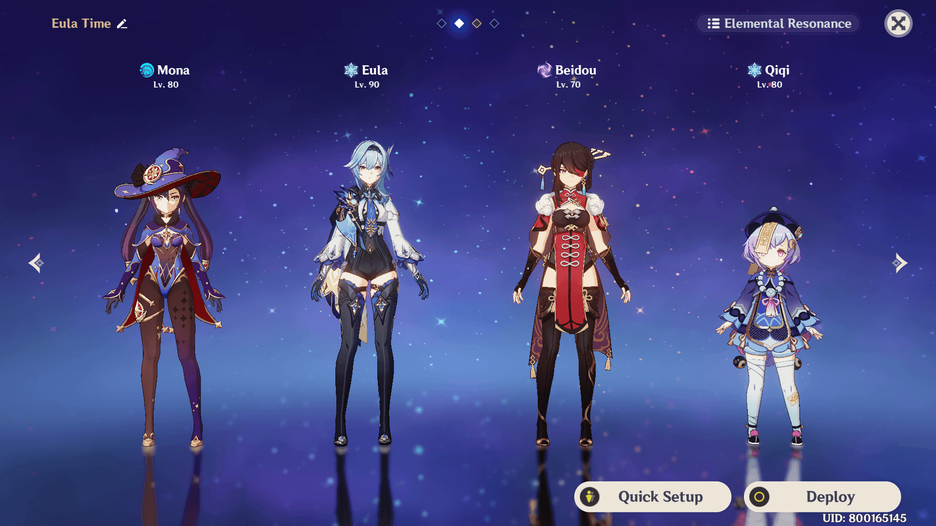 Genshin Impact team selection screen displaying Lisa, Durin, Fischl, and Sayu as the recommended F2P Overload team