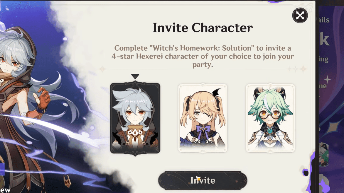 Genshin Impact Hexerei system interface showing eligible characters and party requirements