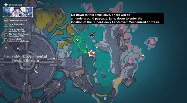 Map showing route to Super-Heavy Landrover boss in Kuuvahki Experimental Design Bureau