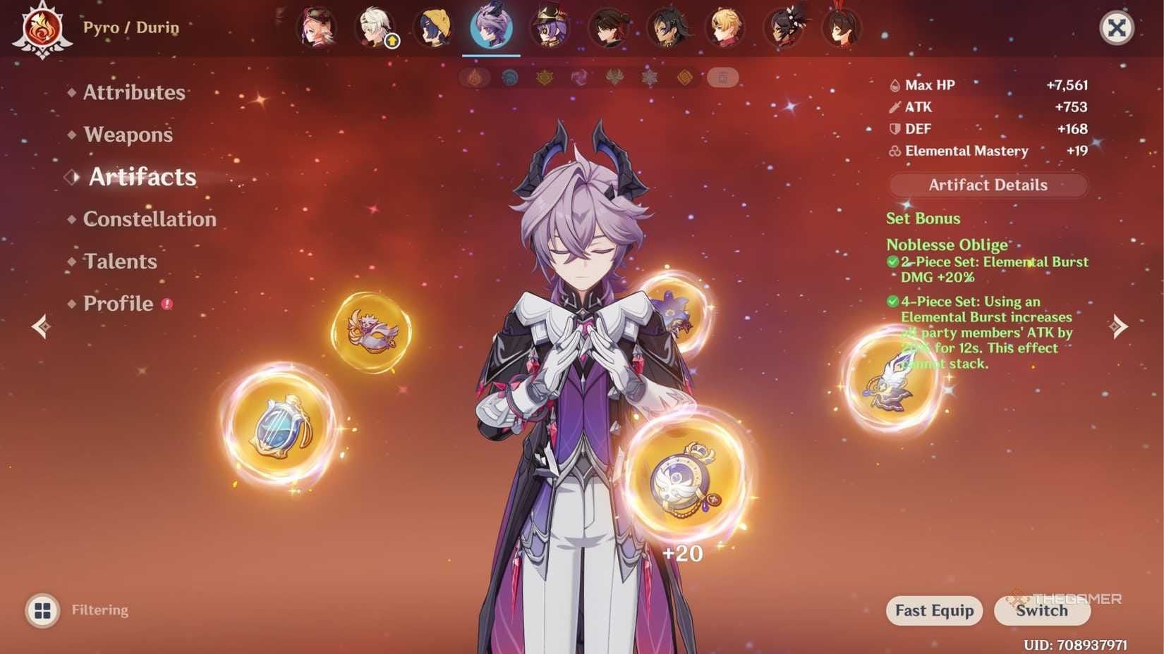 Durin character build interface showing Emblem of Severed Fate artifacts and optimal stats