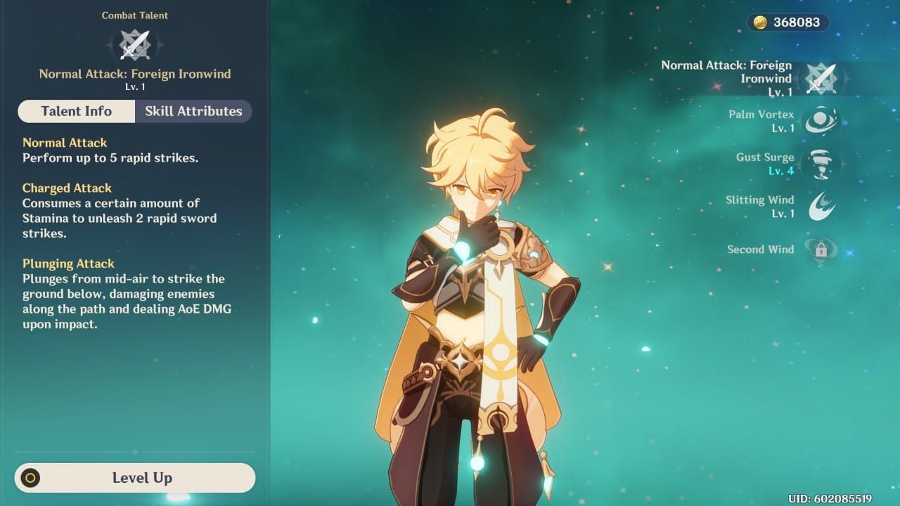 Genshin Impact talent upgrade screen displaying skill levels and material requirements