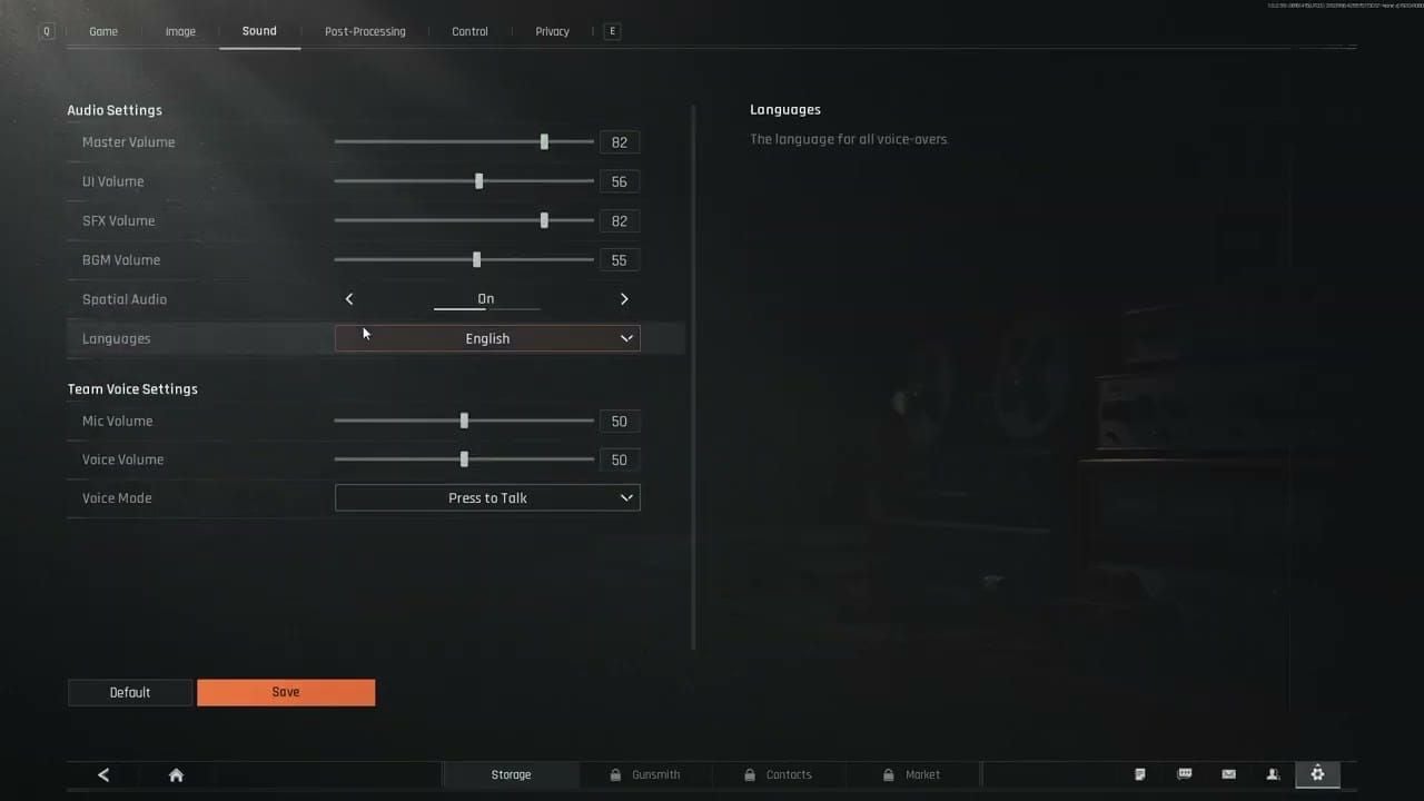 Arena Breakout audio settings interface showing footsteps 100%, gunfire 100%, ambient 0% configuration