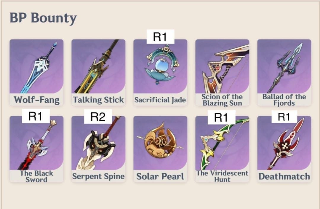 Genshin Impact Battle Pass weapon selection interface showing Wolf-Fang and other available weapons with their stats