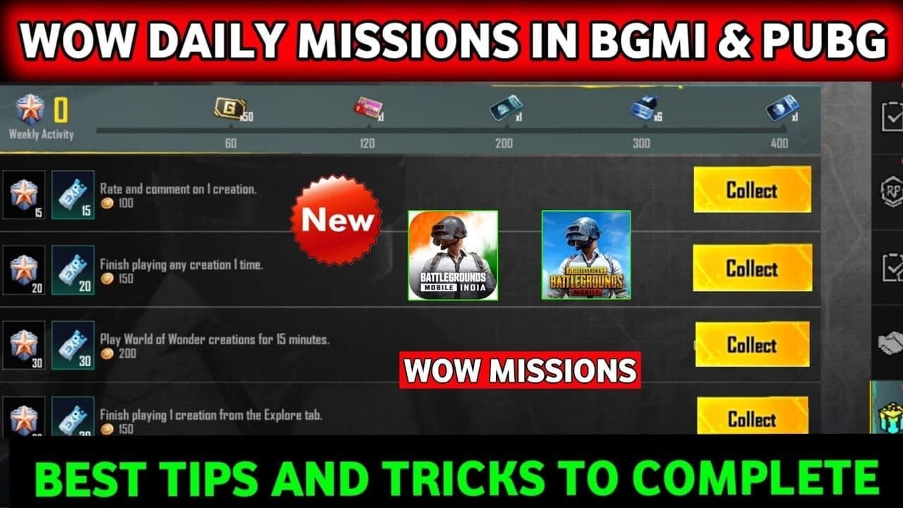 PUBG Mobile daily missions and achievements interface displaying UC earning opportunities