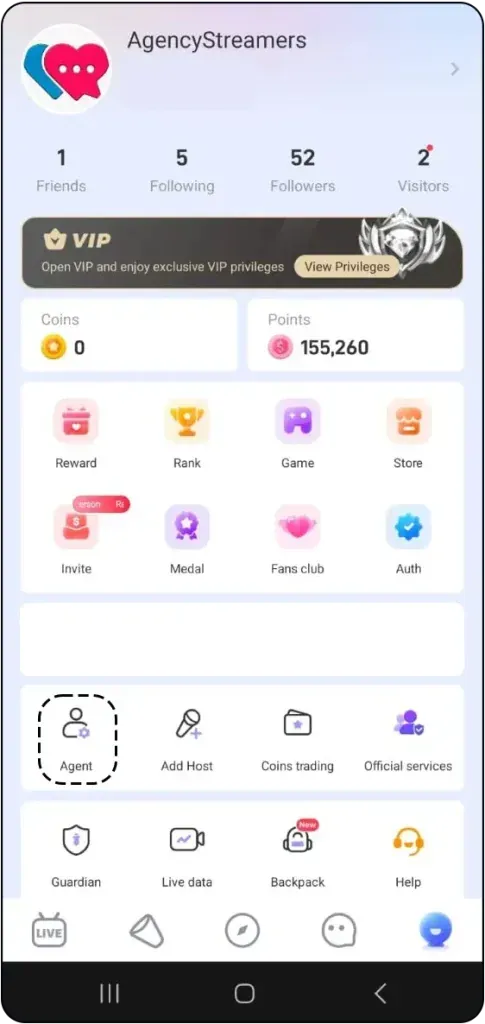 Poppo Live agency management panel interface displaying host performance metrics