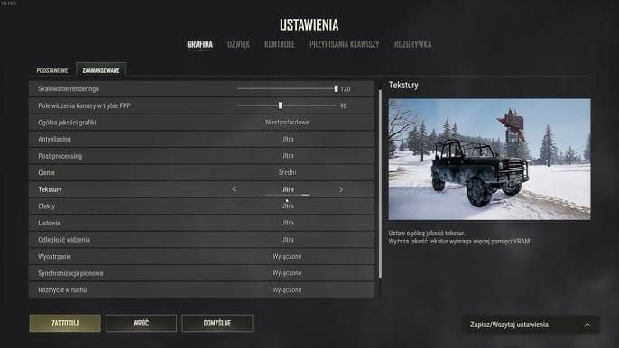 Menu ustawień graficznych PUBG Mobile z opcją Ultra Extreme 120 FPS