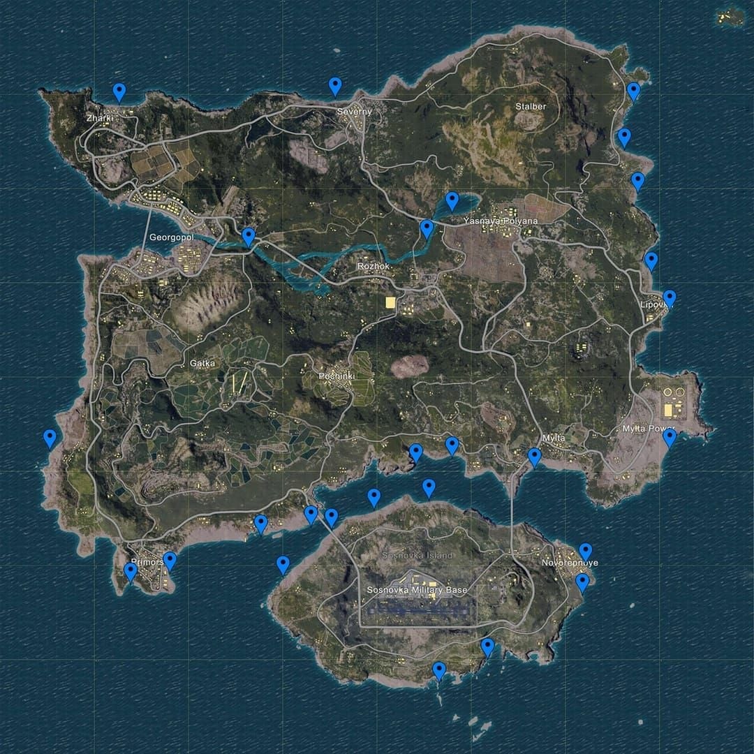 Mapa tras rotacji z Penguinville na Erangel w PUBG Mobile z oznaczonymi czasami przejazdu