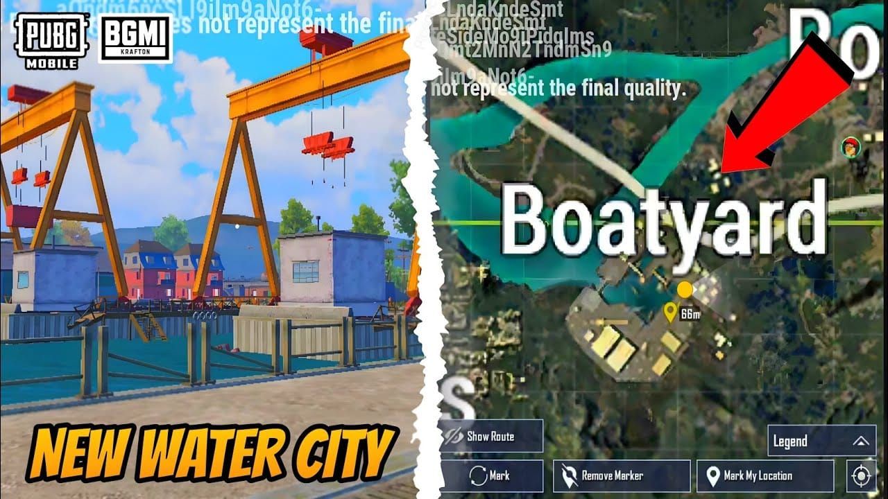 Screenshot kompleksu magazynów w Boatyard PUBG Mobile z widocznymi budynkami do lootowania