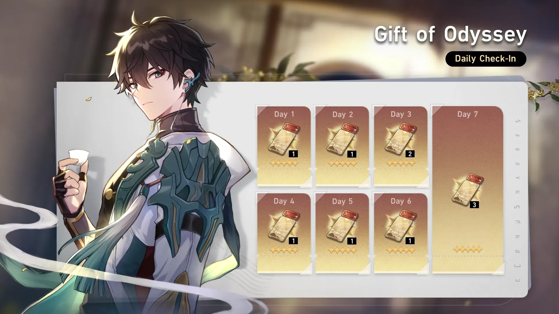 스타레일 Gift of Odyssey 이벤트 7일차 보상으로 10연 티켓과 성옥 100개가 표시된 화면