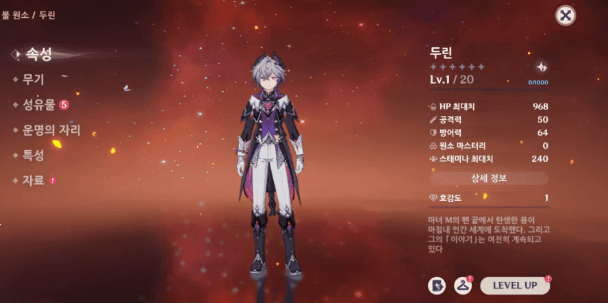 원신 두린 캐릭터의 최적 성유물 세팅 및 스탯 정보