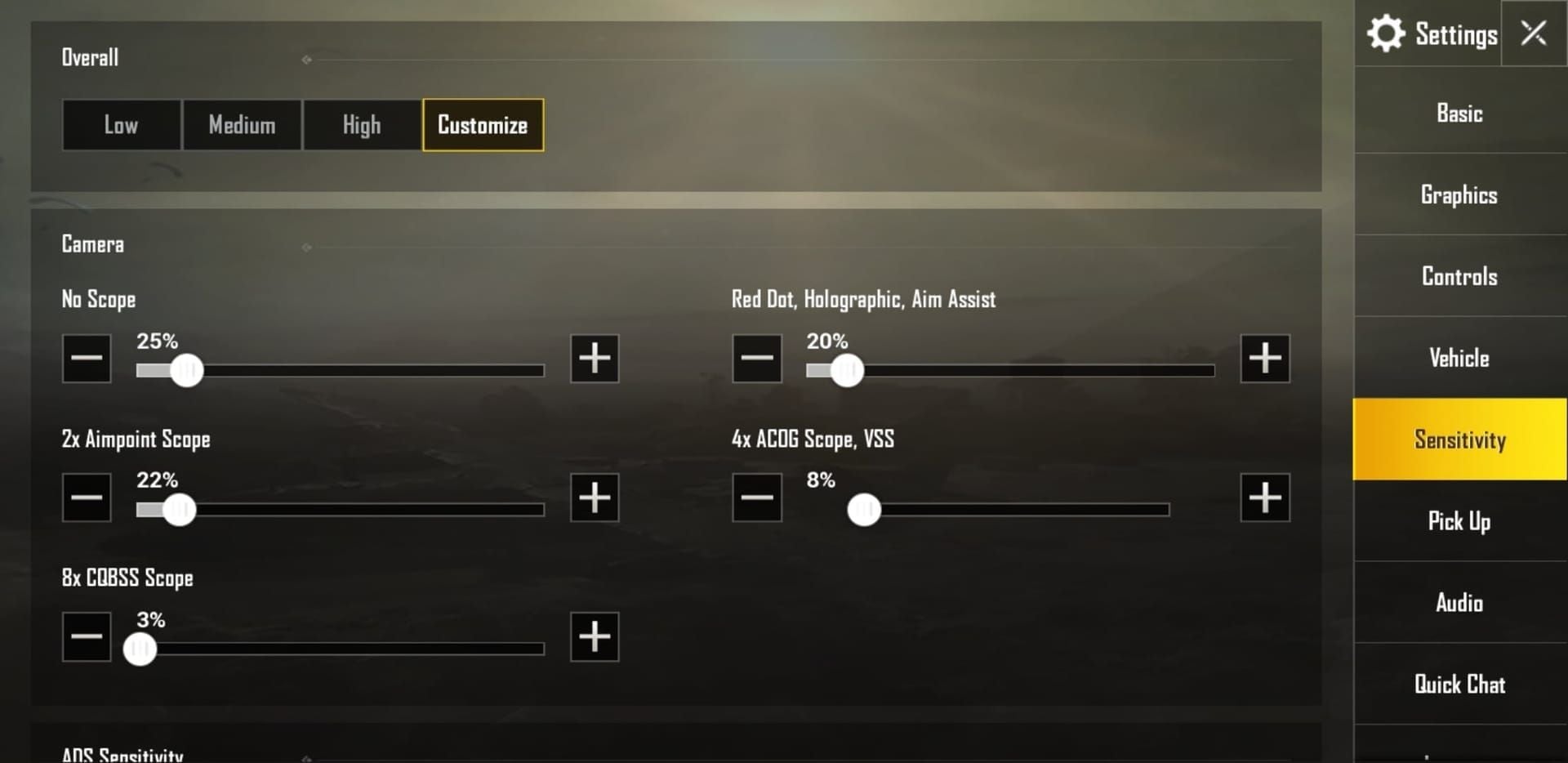 Interfejs importu kodów czułości w PUBG Mobile pokazujący pole wprowadzania kodu uniwersalnego