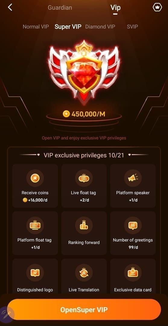 Poppo Live Normal VIP status benefits and daily rewards interface
