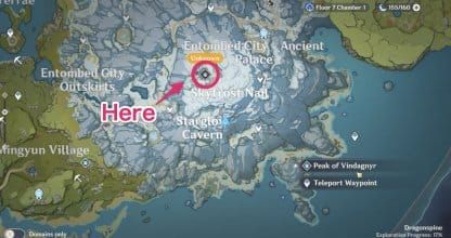 Genshin Impact Peak of Vindagnyr domain combat showing Pyro team clearing Cryo enemies