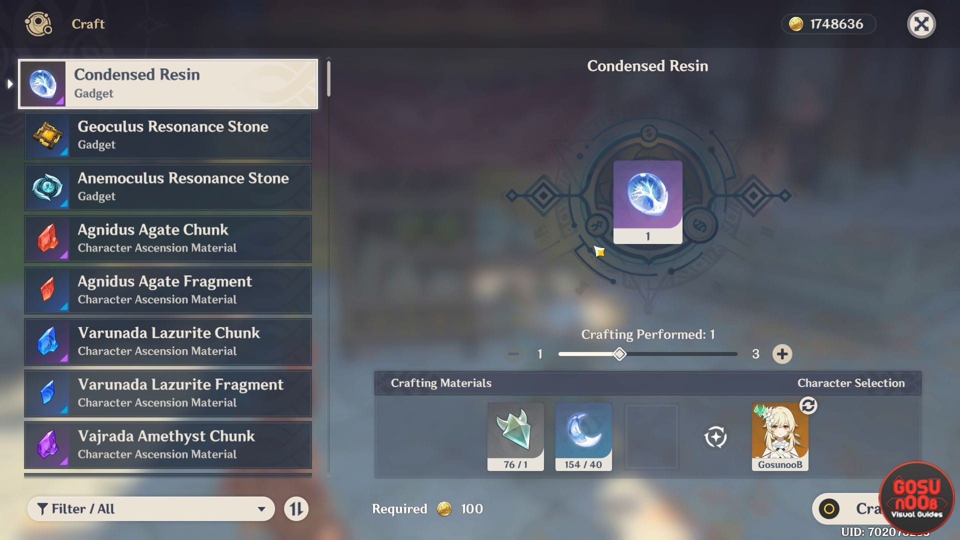 Genshin Impact condensed resin crafting interface showing resin management options