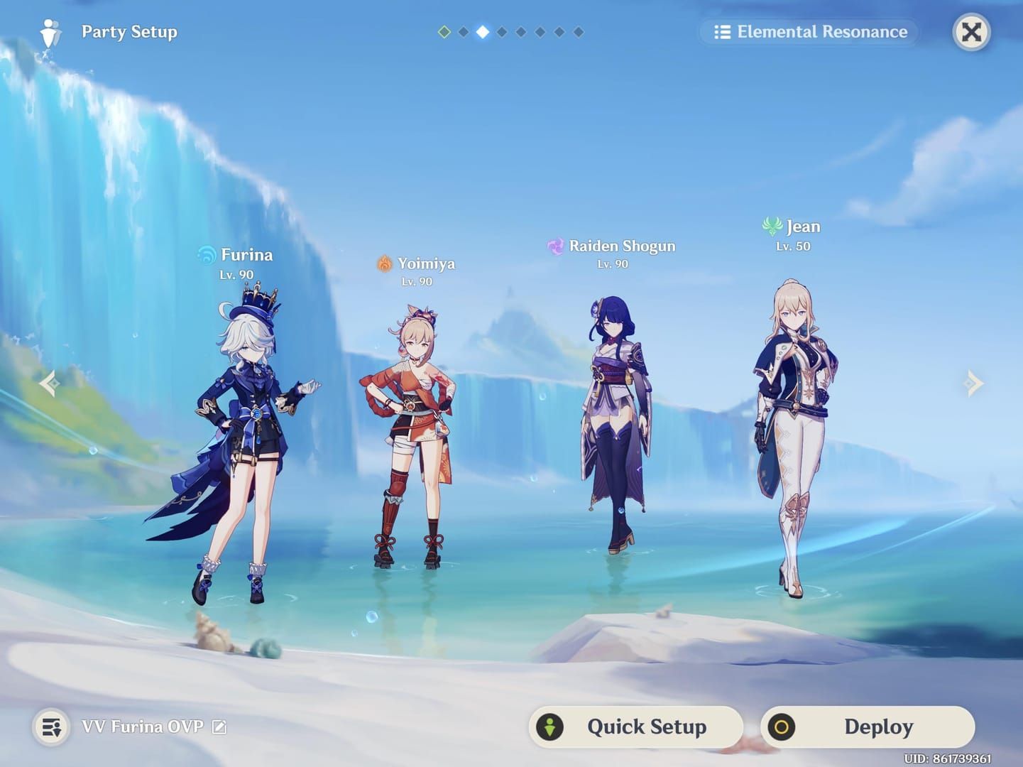 Screenshot of National Overvape team composition in Genshin Impact with elemental reactions and C2 abilities