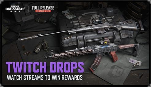 Screenshot of Arena Breakout Twitch Drops Enabled tag in Twitch category showing the streamer's channel with Drops Enabled indicator