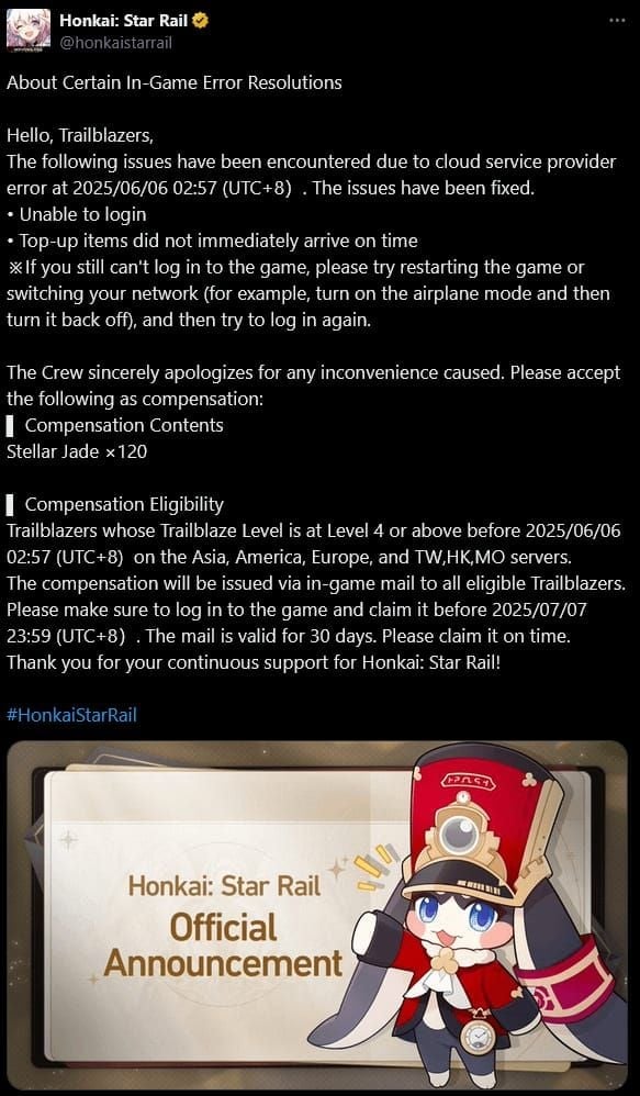 Honkai Star Rail 3.8 Compensation: 1,000 Free Stellar Jades