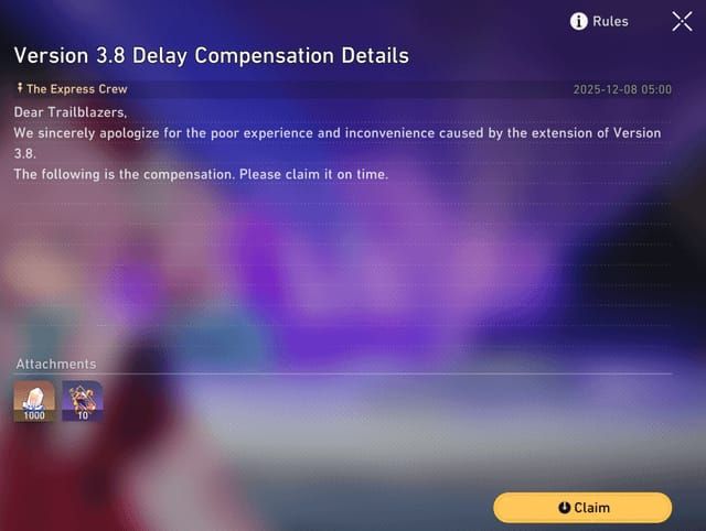 Screenshot of Honkai Star Rail in-game mail interface showing System Messages tab with compensation notification and claim button