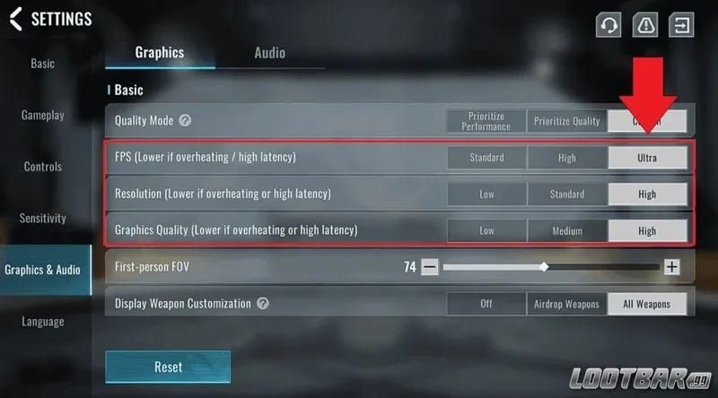 Blood Strike mobile game graphics settings interface screenshot