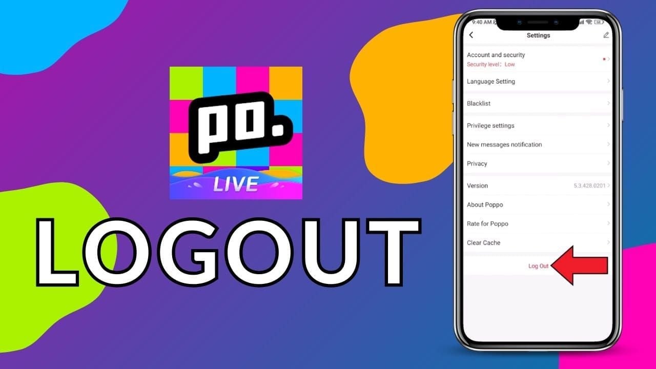 Visual guide for Poppo Live account security showing logout process in Device Management section