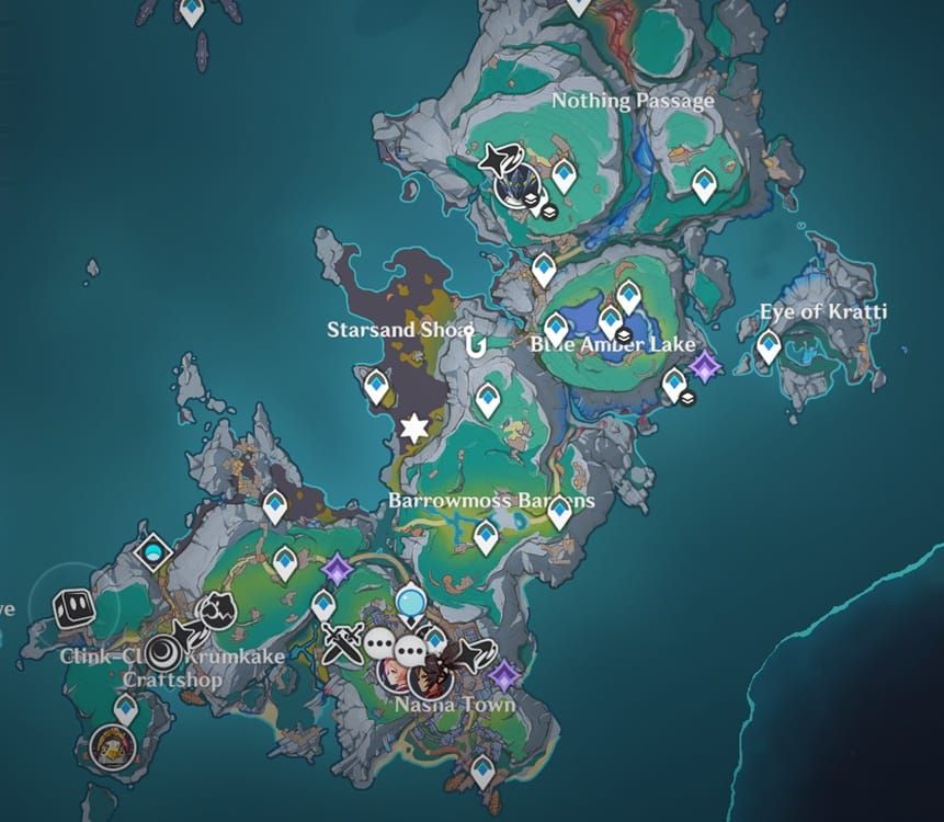 Genshin Impact Nod-Krai region map showing Lempo Isle, Hiisi Isle, Paha Isle, waypoints, and bosses