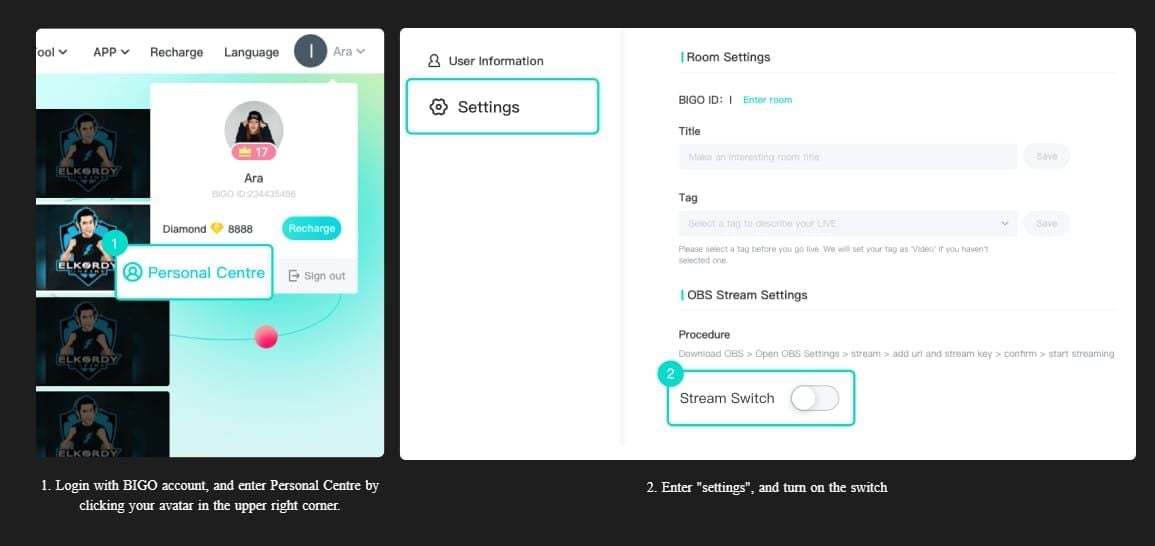 Bigo Live streaming interface showing technical specs for optimal performance